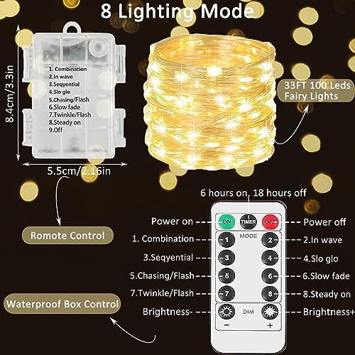 16 Pack Battery Operated Fairy Lights with Remote & Timer - Waterproof 33ft Warm White