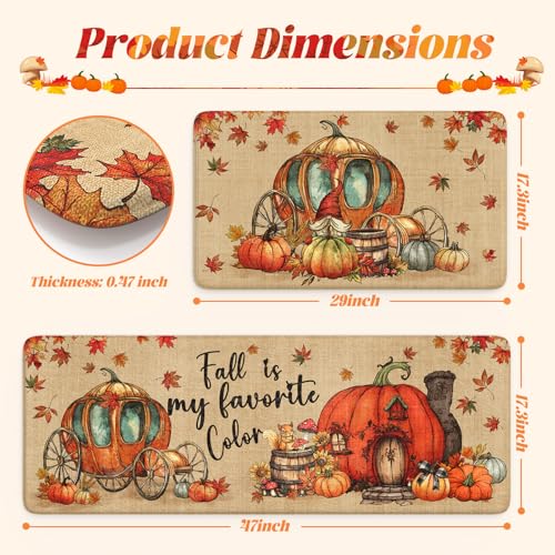 Pumpkin Carriage Fall Kitchen Mat - Cushioned Anti-Fatigue Sink Rug, 17.3x47 + 17.3x29 Inches - Orange