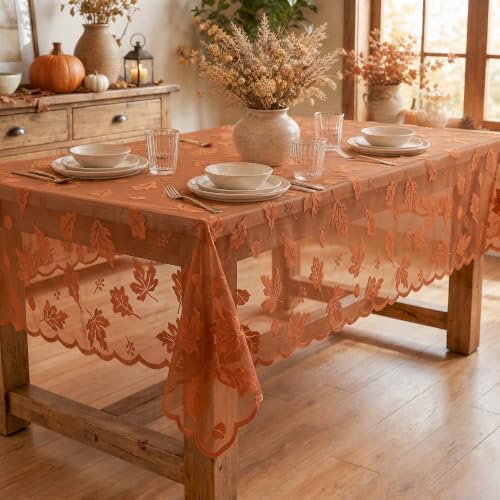 Horaldaily Caramel Fall Lace Tablecloth 60×104 Inch Rectangular Maple Leaf Design