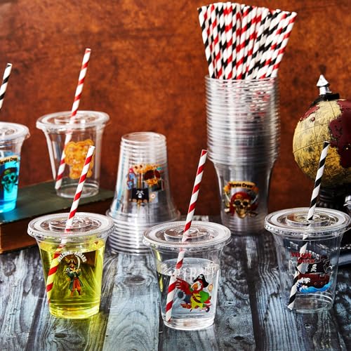Pirate Party Cups Set with Lids and Straws - 36 Count, 14 oz, Pirate Variation