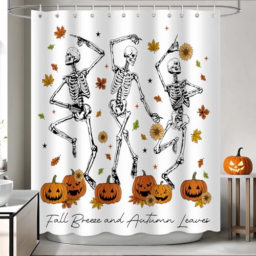 Halloween Shower Curtain Spooky Skeletons Pumpkin Waterproof Fabric 72x72 in
