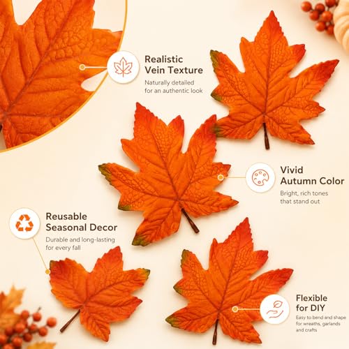 Artificial Fall Maple Leaves - 40pcs Autumn Leaves for Thanksgiving & DIY Decor - Orange, Realistic Design