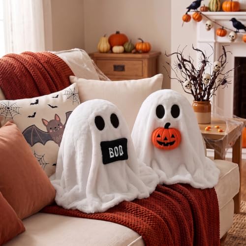 Halloween Ghost Throw Pillows - Set of 2 Soft Plush Ghost Shaped Cushions for Couch & Bed, 14 x 12 Inches