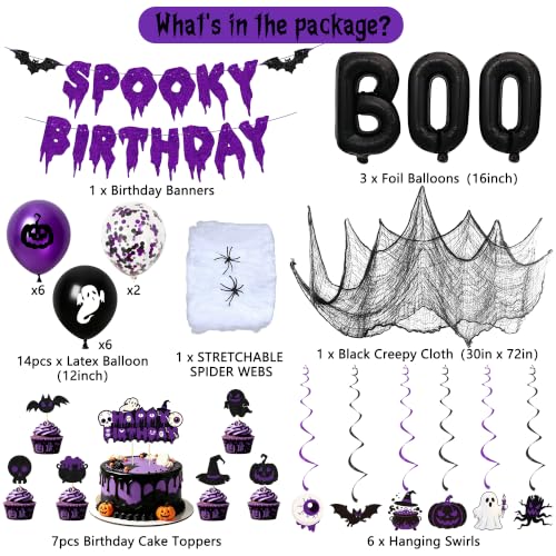 Halloween Birthday Decorations Set with Balloons, Banner & Spooky Props