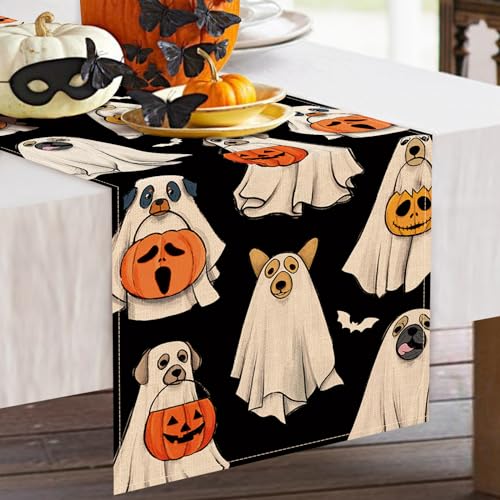 Halloween Ghost Dog Table Runner 13x120 Inches - Spooky Jack O Lantern Decor