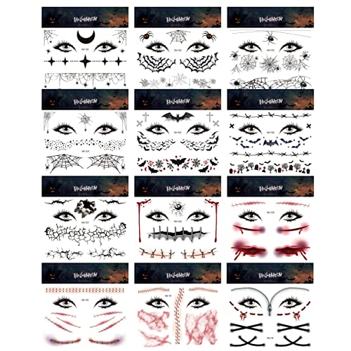 Spider Net Face Tattoos - 12 Sheets Halloween Temporary Tattoos for Men Women Kids