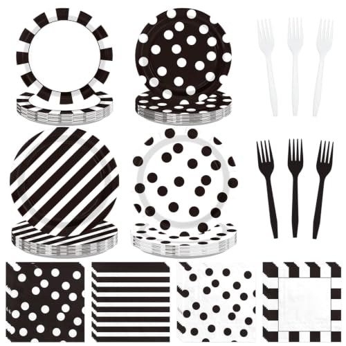 Black and White Polka Dot and Striped Party Decorations Set for 48 Guests