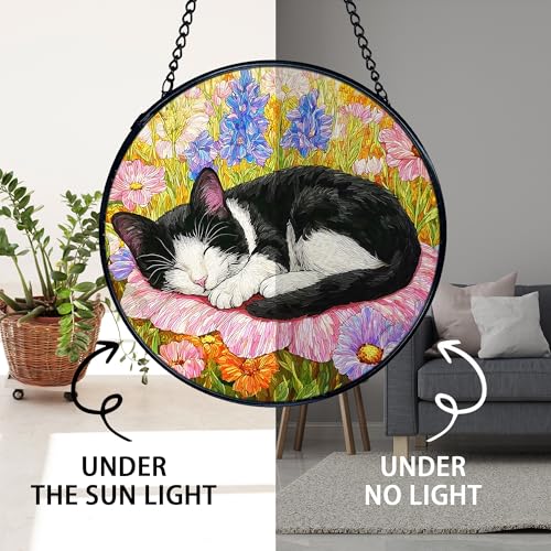 Cat Flower Stained Glass Window Hanging – Handcrafted Sun Catcher with Metal Frame, 7.9 Inches