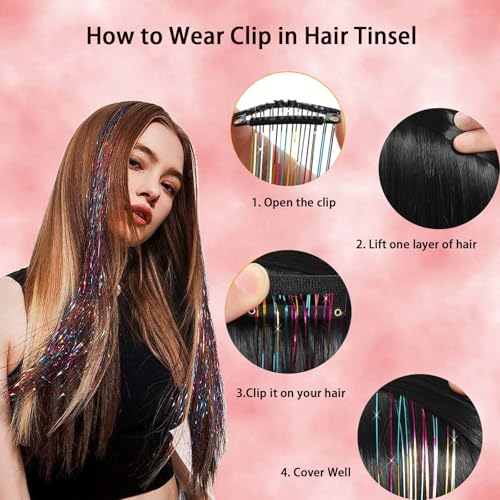21.5 Inch Silver Fairy Glitter Hair Tinsel Clips - Heat Resistant Extensions for Festivals & Parties