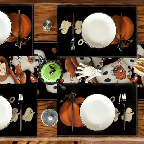 Black Rectangular Halloween Ghost Placemats Set of 4 - 12 x 18 Inches