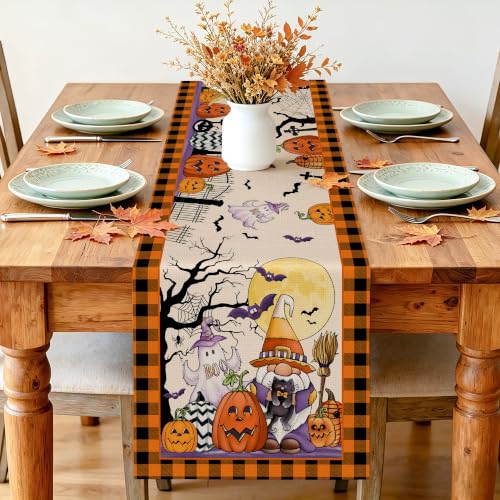 Halloween Gnome Table Runner - 13x72 Inch Orange Kitchen Decor