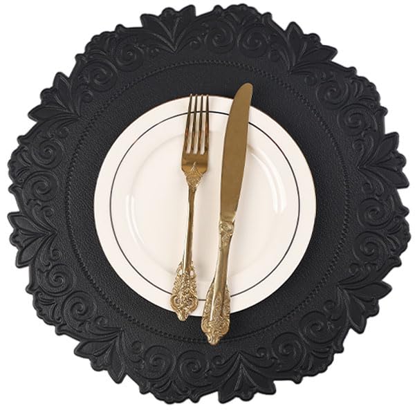 Round Faux Leather Placemats Set of 4 - Black Table Mats for Dining