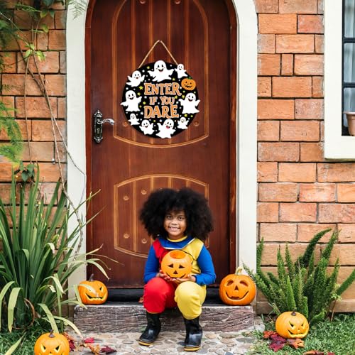 Halloween Wall Decor Sign - Enter If You Dare Wooden Ghost & Pumpkin Set