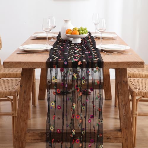 Black Embroidered Floral Daisy Tulle Table Runner 10FT 3 Pack - Halloween Decor