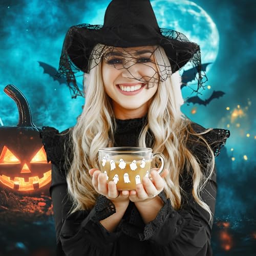 Sliner Halloween Ghost Glass Coffee Mugs Set - 16 oz, Trick-or-Treat Theme