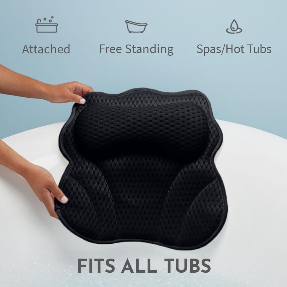 WONDERfoam Thick Padded Ergonomic Bath Pillow for Tub, Bathtub Headrest Neck and Back Support, Strong Suction Cups, Machine Washable Breathable Mesh Quick Dry Pillows, Luxury Spa Accessories, Black