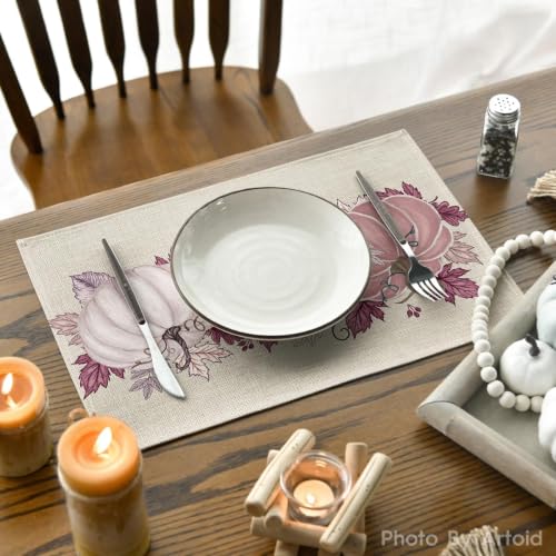 Pink Pumpkin Leaves Fall Placemats Set of 4 - 12 x 18 Inch Rectangular Table Decor
