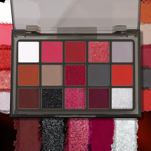 Gothic Clown Eyeshadow Palette - 15 Colors Red Burgundy Gray Glitter Matte