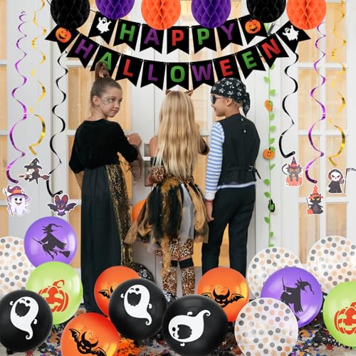 Halloween Decorations Banner Kit with Garland, Honeycomb Balls & Streamers for Party Indoor