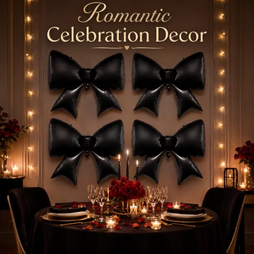 Black Bow Balloons Set - 4 Pieces 38 Inch Foil Decorations for Halloween & Birthday
