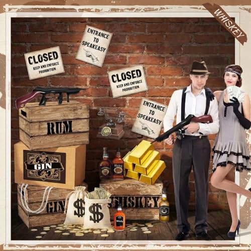Roaring 20s Party Decorations Set with Canvas Money Bags and Inflatable Gun