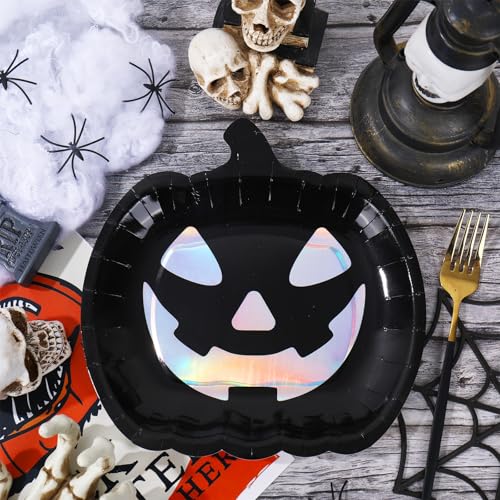 Halloween Iridescent Black Pumpkin Paper Plates 40-Pack - Spooky Party Tableware