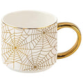 Halloween Spiderweb Mug with Gold Handle - 14oz Bone China Coffee Cup, Fall Seasonal Decor - Gold Spiderwebs Variation