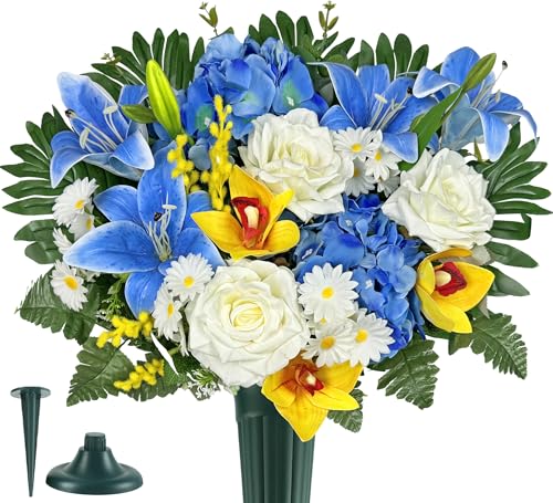 Artificial Cemetery Flowers for Grave Decorations - Realistic Rose Daisy Lily Cymbidium Sympathy Bouquet