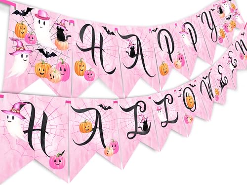 Pink Halloween Banner - Pastel Ghost Pumpkin Girly Party Decorations
