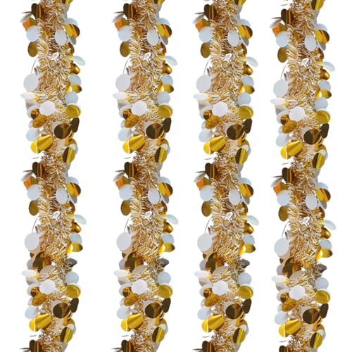 Gold and White Tinsel Garland - 4 Pack 6.6FT Metallic Sequin Streamers for Party Decor