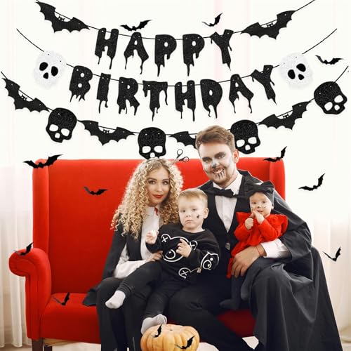 Halloween Birthday Banner with Bat & Skull Decorations - Black Glitter Party Decor