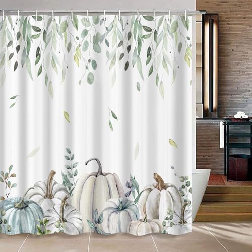Pumpkins Fall Leaves Shower Curtain - Farmhouse Autumn Botanical Bathroom Decor - 72x84 Inch, Waterproof Fabric, Pack of 1