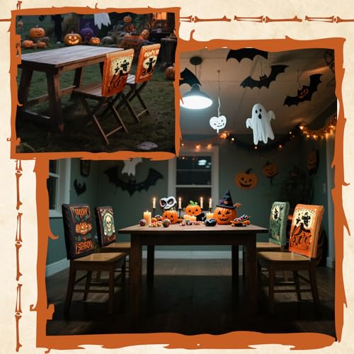 Terrifying Halloween Chair Cover Set - 6 Elastic Backrest Protectors for Dining Chairs - Gothic Skeleton Pumpkin Black Cat Bat Design