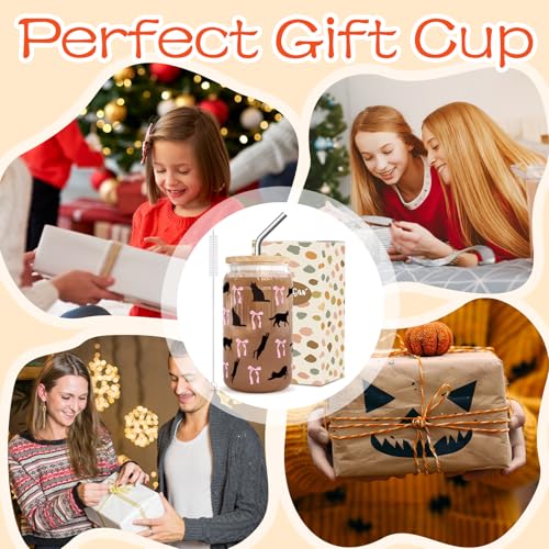 Cat & Bow Iced Coffee Cup - Halloween Glass Tumbler Gift for Cat Lovers - 16oz with Lid & Straw