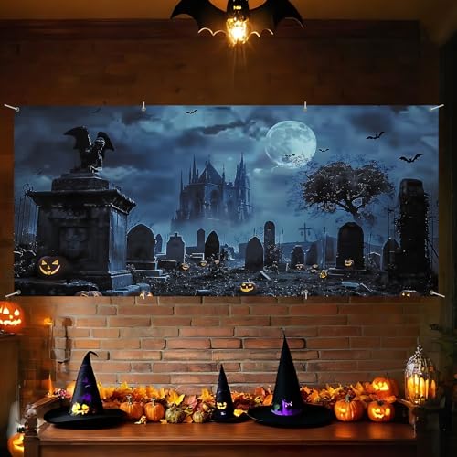 Halloween Garage Door Banner - Haunted Graveyard with Pumpkins, Bats & Full Moon - 6x13FT - Spooky Outdoor Decoration - Variation #3