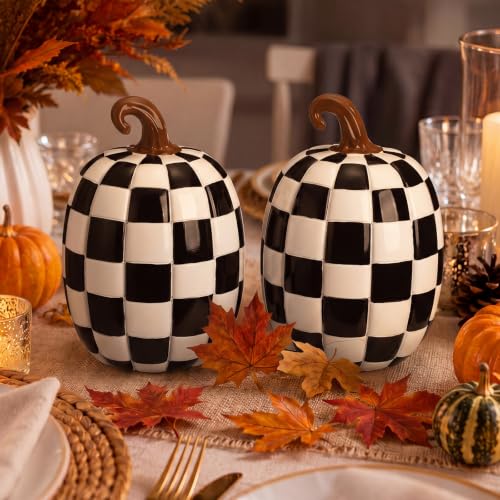 Large Black and White Resin Pumpkin Halloween Decor - 8.6 Inch Set