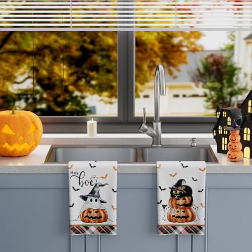 Halloween Ghost Cat Kitchen Towels Set of 2 - Spooky Dish Drying Hand Towels