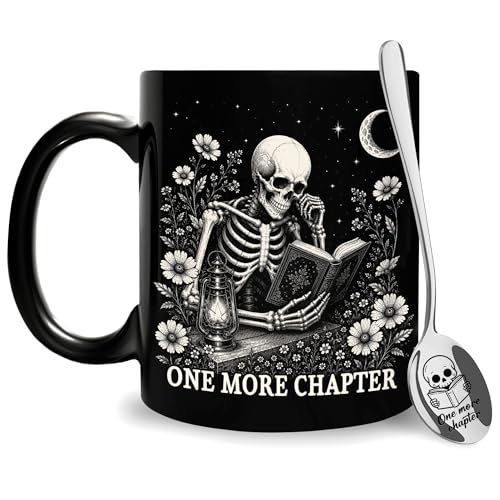 Hyturtle BookSke Skeleton Reading Coffee Mug with Spoon - Book Lovers Gift