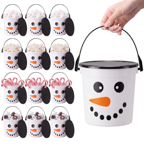 12 Pack Christmas Snowman Candy Buckets with Handles - Holiday Treat Pails
