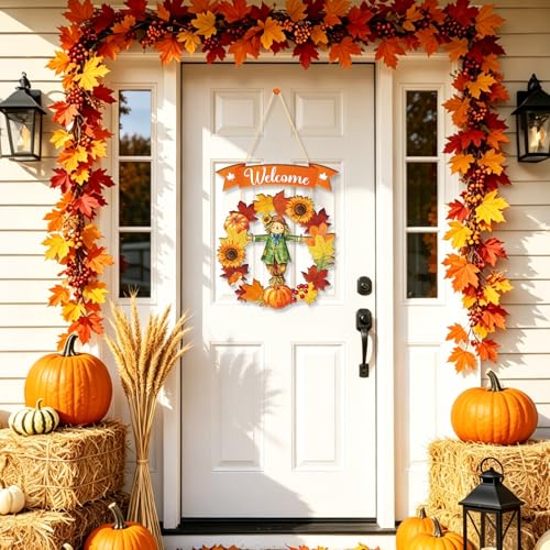 Wooden Fall Welcome Door Hanging Wreath Decor - Scarecrow Design