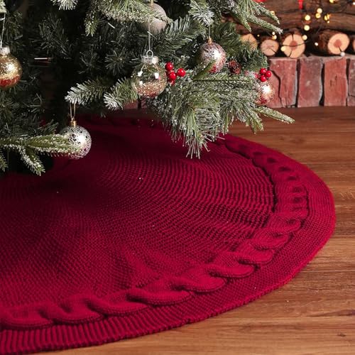 36 Inch Dark Red Knitted Christmas Tree Skirt - Large Holiday Round Base - Variation of THIS listing