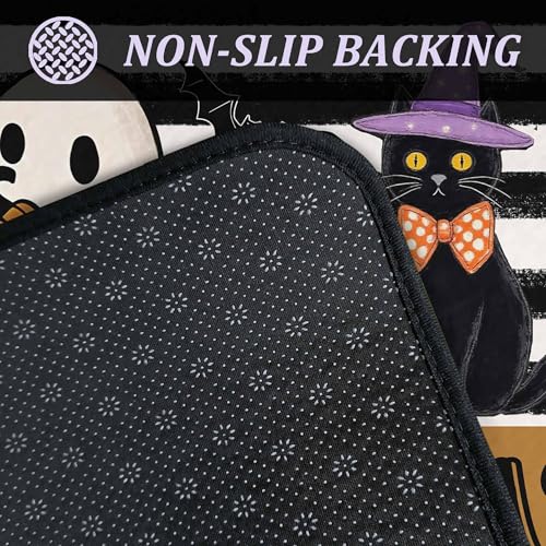Halloween Pumpkin Ghost Bat Black Cat Door Mat Set of 2 - Floor Rugs for Home & Kitchen Decor - Black Cat Variation