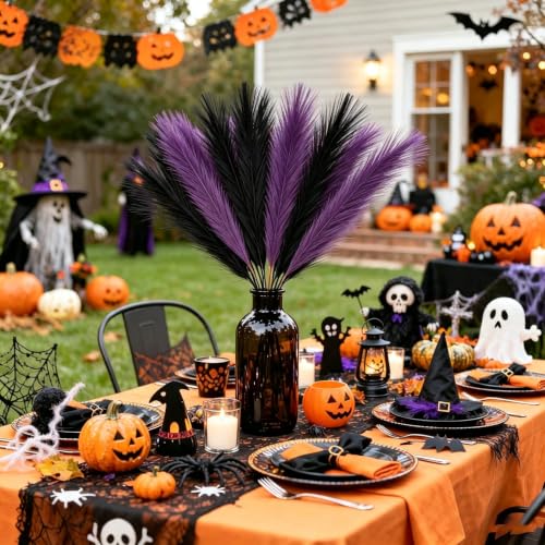 Artificial Pampas Grass Bundle - Black and Purple, 17 Inches, 30 Pieces for Home Decor & Halloween