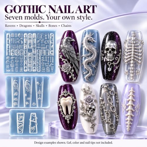 3D Halloween Nail Charms Mold Set - Teeth Skull Bones Chains Dragons