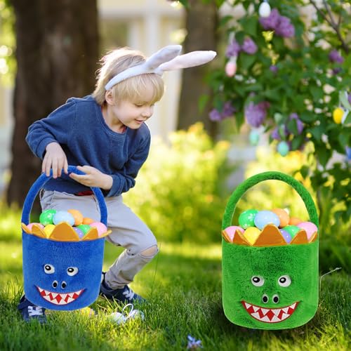 Green & Blue Dinosaur Plush Halloween Trick or Treat Basket - 8 Inch Dia, 15.7 Inch Tall, Kids Gift & Party Decor