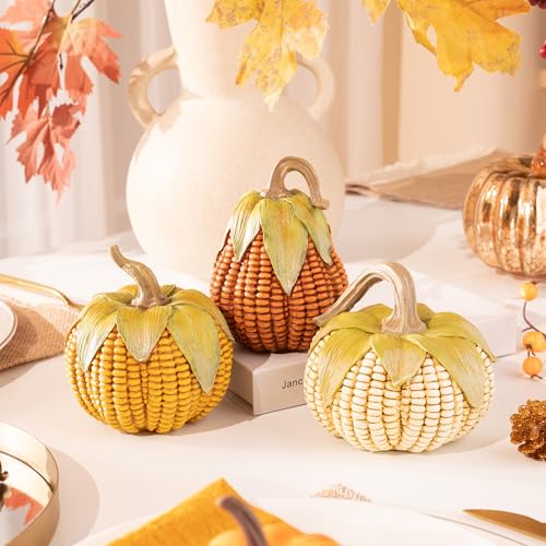 Large Fall Pumpkin Decor Set of 3 - Lifelike Resin Corn Pattern Figurines for Indoor & Outdoor Autumn Thanksgiving Halloween