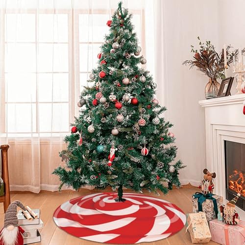 Christmas Tree Skirt 36 Inch Lollipop Candy Swirl Festive Decor - Red & White