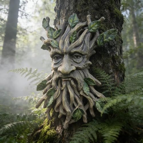Whimsical Tree Face Garden Decoration - Outdoor Wall Mount Sculpture with Leaf Features