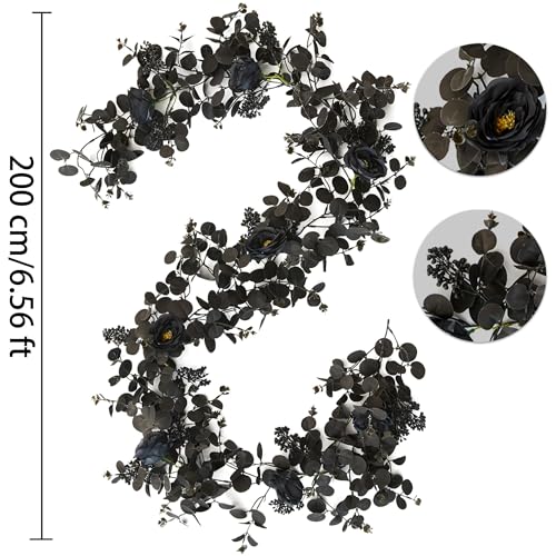 Black Garland with Flowers - 6.56ft Halloween Decorations with 8 Roses - Indoor Outdoor Wall Backdrop - Black / 1PC