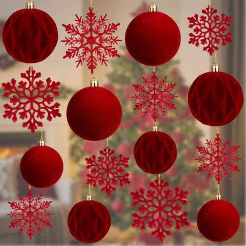 Christmas Velvet Ball and Snowflake Ornament Set - Burgundy Red, 36 Pcs